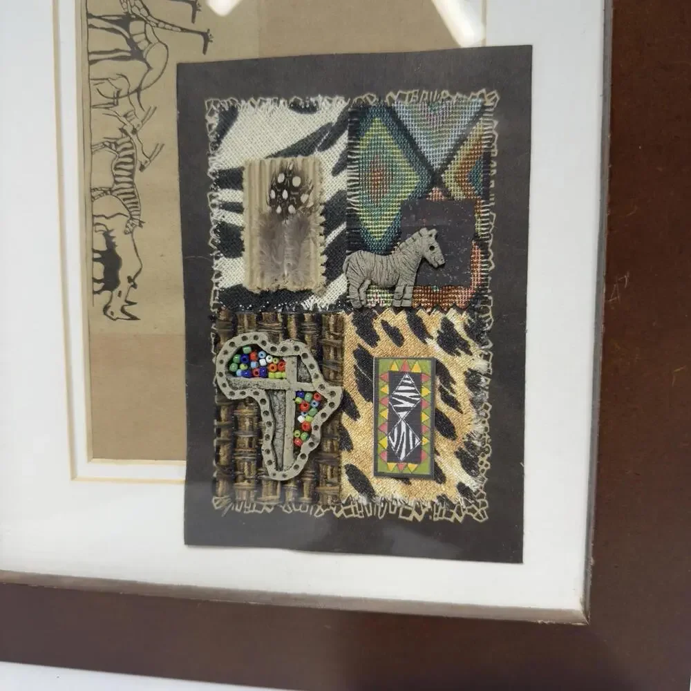 Framed Mixed Media African Safari Wildlife Tribal Wall Art Textile Decor 10x12